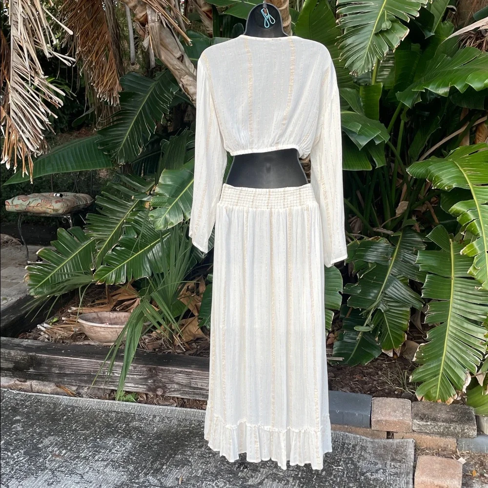 Bell sleeve ruffle top and matching gold striped high low skirt